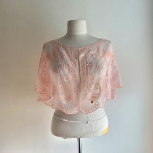 NWT Anne Klein Light Pink Sheer Sequins Embroidered Hem Cape Bolero One Size